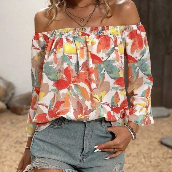 Multicolor Boho Women's Floral Print Elegant Off Shoulder Blouse - Picture 3 of 6